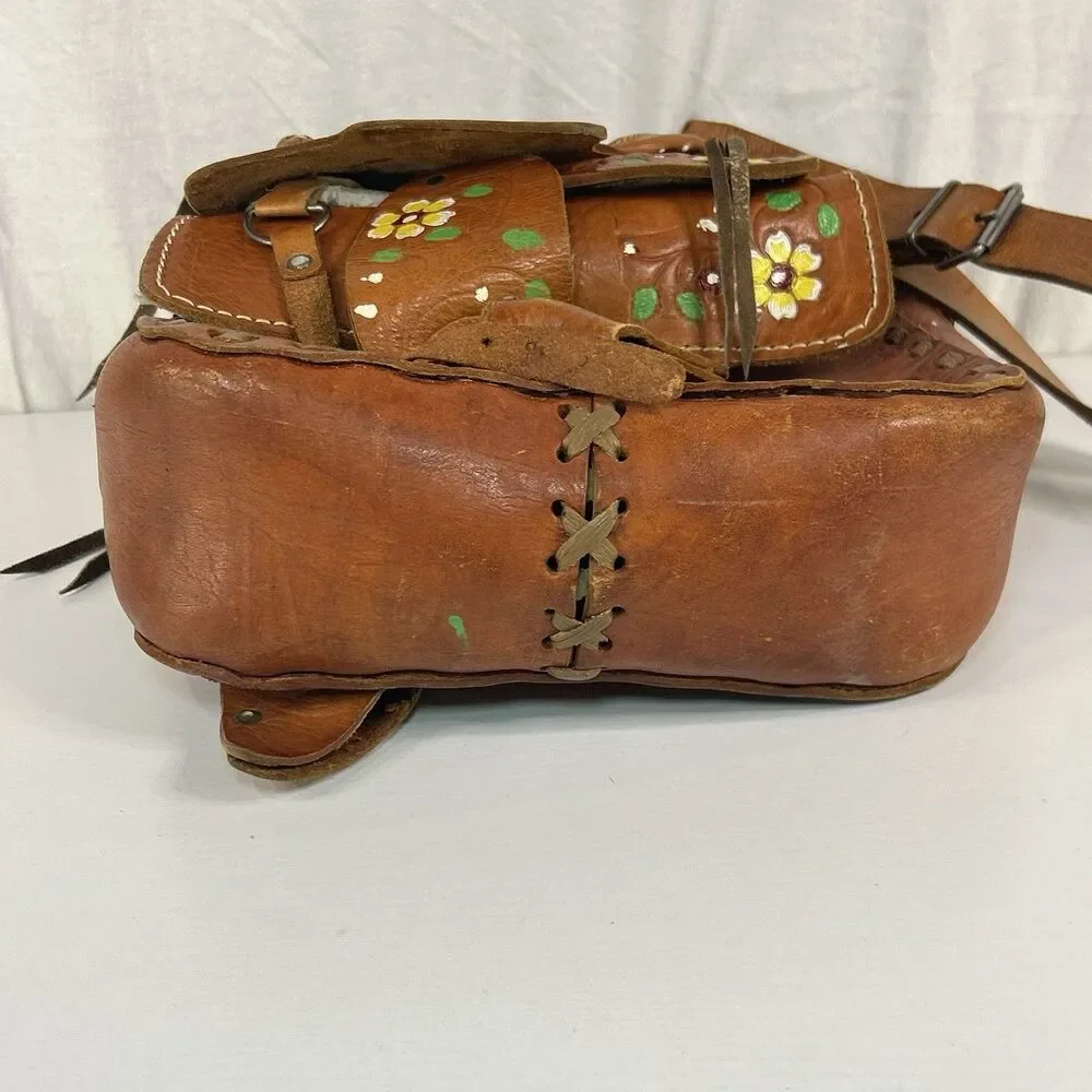 Hand Tooled Leather Saddle Purse Hand Painted Floral Western Shoulder Bag